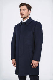 dik yakalı yan cepli lacivert palto